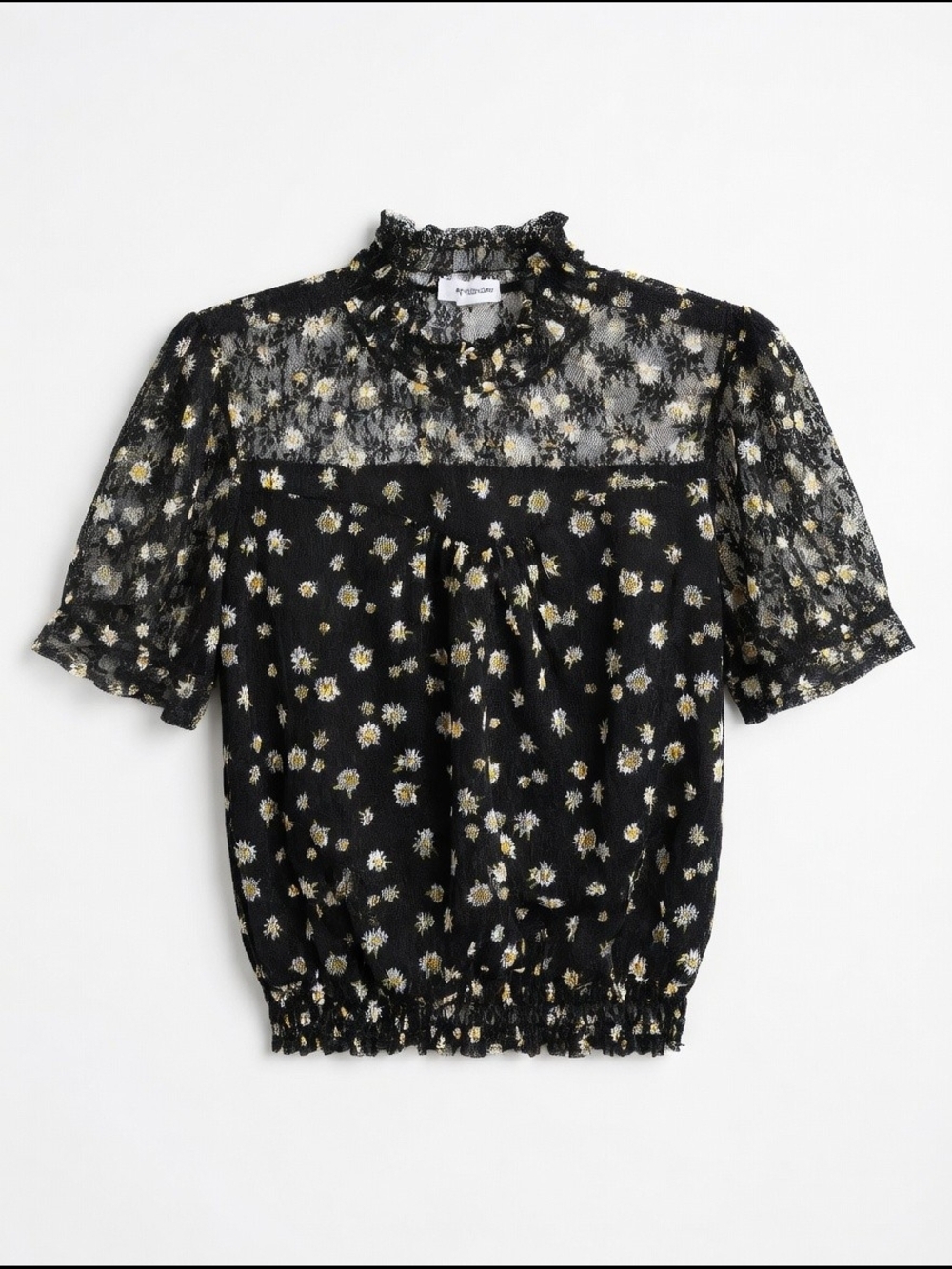 Black Daisy-Print Sheer Ruffle-Trim Blouse Size M - Picture 3 of 8